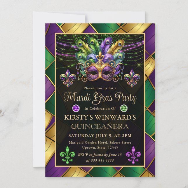 Mardi Gras Masquerade Quinceanera Invitation (Front)