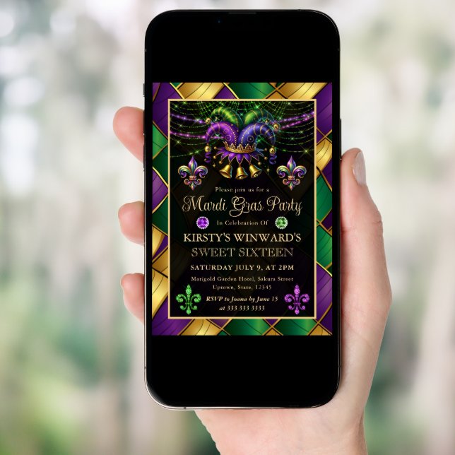 Mardi Gras Masquerade Sweet Sixteen Invitation (Front Digital)