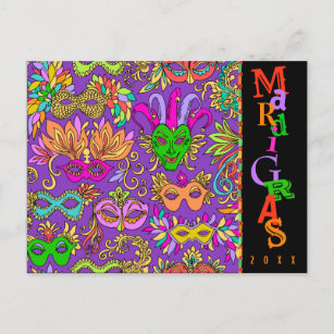 Mardi Gras Masqurade Masks Colorful Typography Postcard