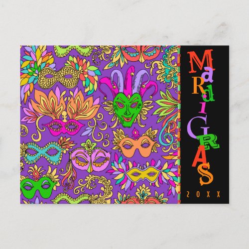 Mardi Gras Masqurade Masks Colorful Typography Postcard