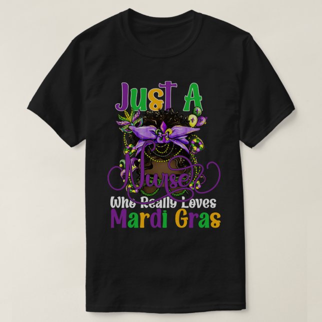 Mardi Gras Messy Bun Black nurse for a carnival pa T-Shirt (Design Front)