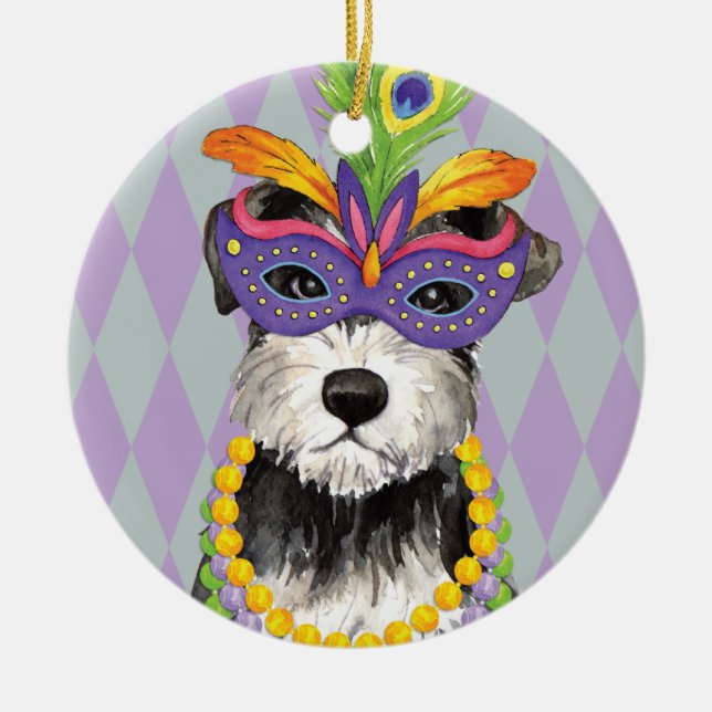 Mardi Gras Mini Schnauzer Ceramic Ornament (Front)
