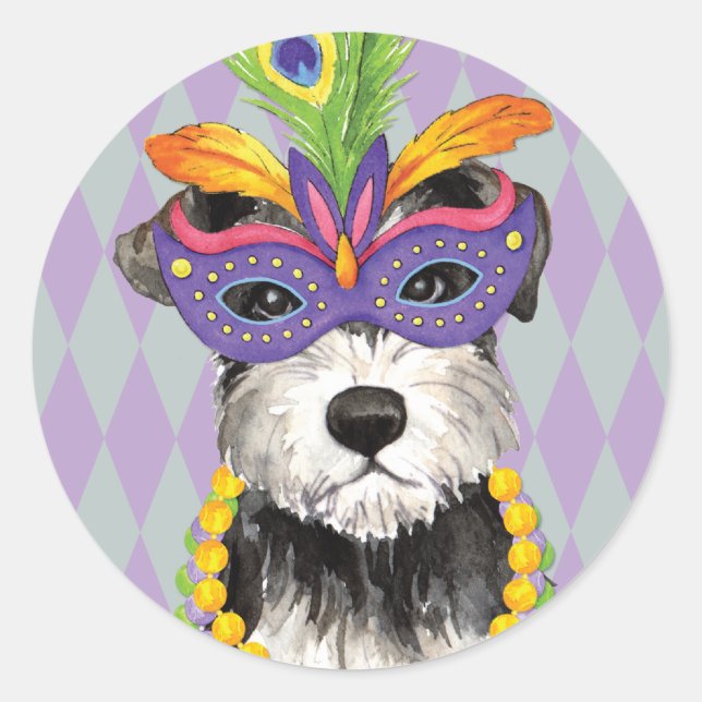 Mardi Gras Mini Schnauzer Classic Round Sticker (Front)