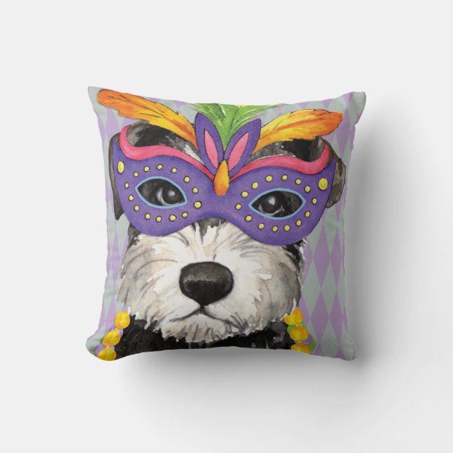 Mardi Gras Mini Schnauzer Throw Pillow (Front)