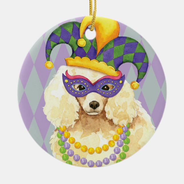 Mardi Gras Miniature Poodle Ceramic Ornament (Front)