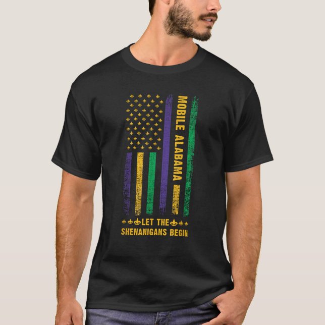Mardi Gras Mobile Alabama Fleur De Lis American Fl T-Shirt (Front)