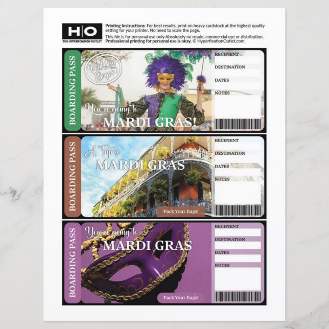 Mardi Gras Mock Ticket for Travel and Events (Front)