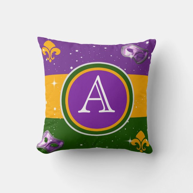 Mardi Gras Monogram Pillow w/mask and fleur de lis (Front)