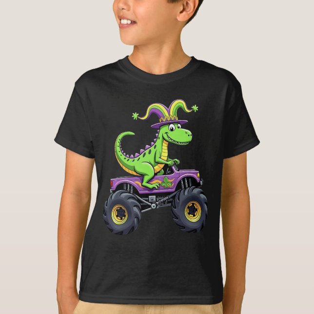 Mardi Gras Monster Truck Dinosaur t rex T-Shirt (Front)
