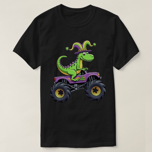 Mardi Gras Monster Truck Dinosaur t rex T-Shirt (Design Front)