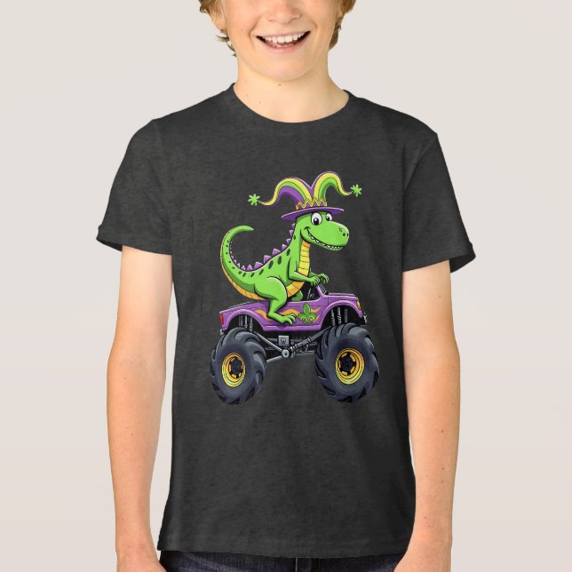 Mardi Gras Monster Truck Dinosaur t rex Tri-Blend Shirt (Front)