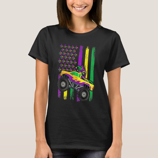 Mardi Gras Monster Truck Jester Beads Flag Shirt,  T-Shirt (Front)