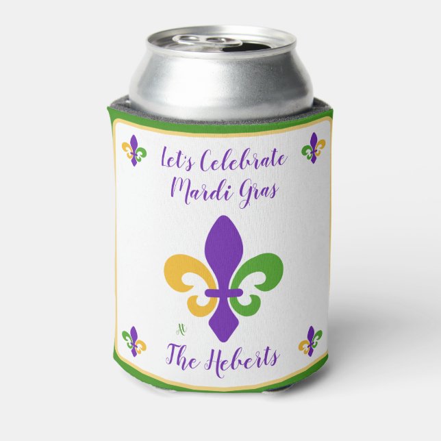 Mardi Gras NAME Green Gold Purple Fleur de Lis Can Cooler (Can Back)
