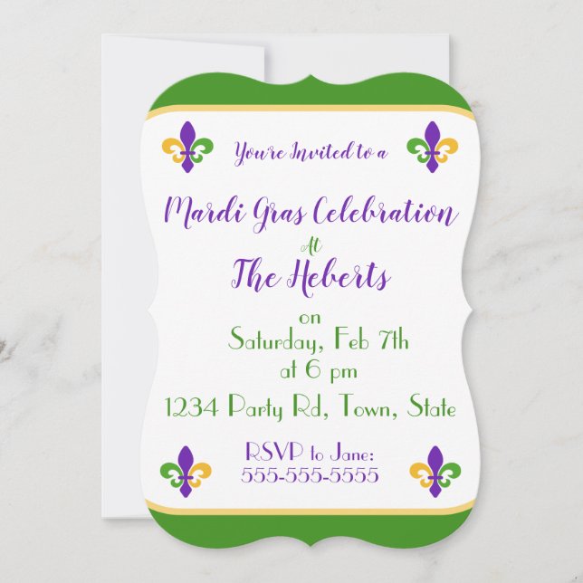Mardi Gras NAME Green Gold Purple Fleur de Lis Invitation (Front)