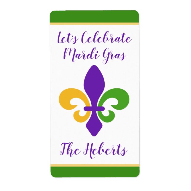 Mardi Gras NAME Green Gold Purple Fleur de Lis Label (Front)