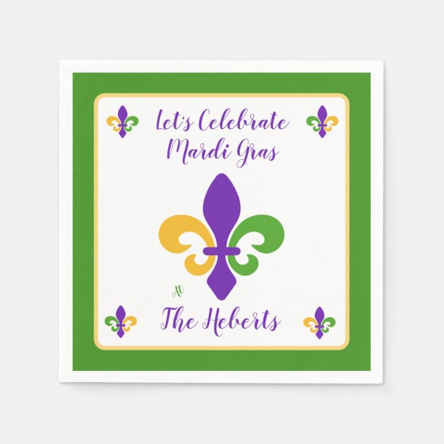 Mardi Gras NAME Green Gold Purple Fleur de Lis Napkins (Front)