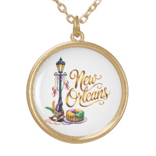 Mardi Gras New Orleans illustration Gold Plated Necklace