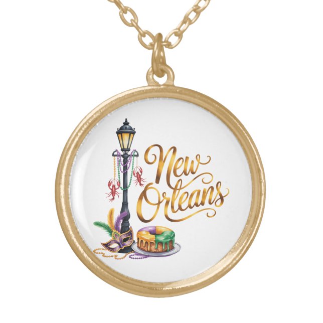 Mardi Gras New Orleans illustration Gold Plated Necklace (Front)