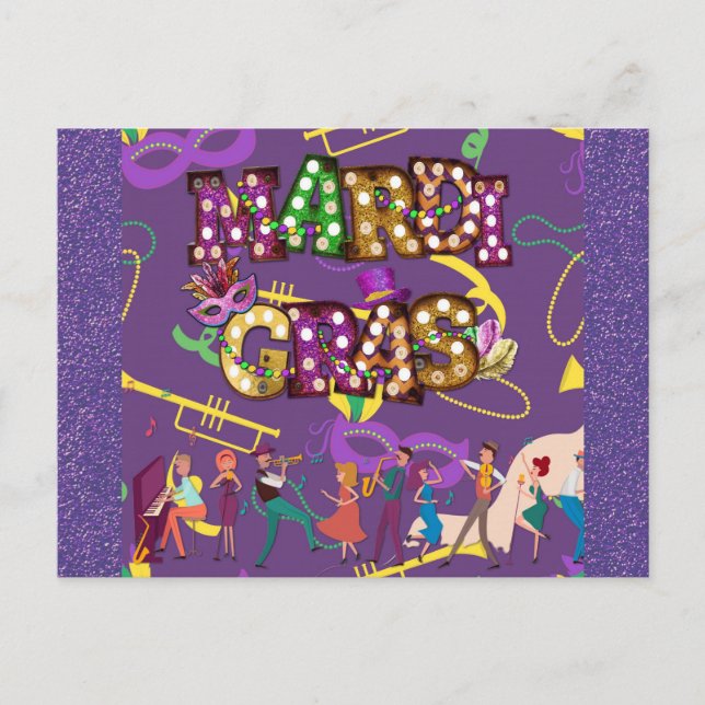 Mardi Gras New Orleans Jazz Band Purple Postcard (Front)