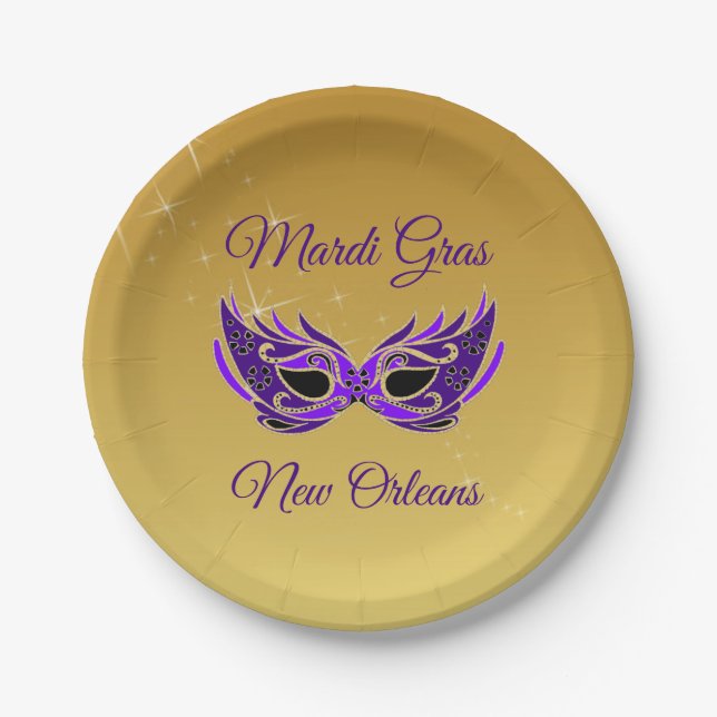Mardi Gras New Orleans Mask on Gold Paper Plates (Front)