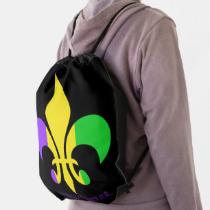 Mardi Gras New Orleans Striped Fleur-de-Lis Drawstring Bag