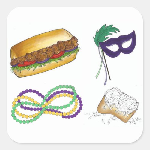 Mardi Gras NOLA New Orleans Mask Beads Beignets Square Sticker