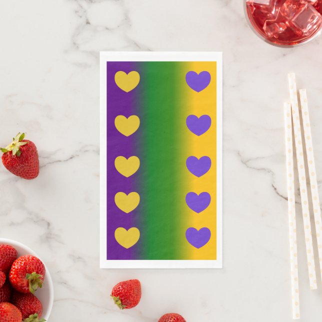 Mardi Gras Ombre with Hearts Paper Guest Towels (Insitu)