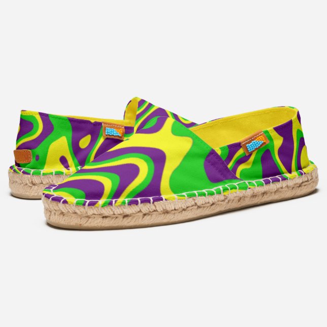 [Mardi Gras Op-Art] Purple Green Yellow Swirls Espadrilles (Angled)