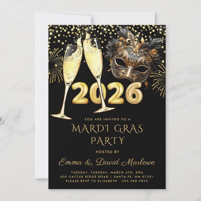 Mardi Gras Party 2026 Black Gold Glitter Invitation (Front)