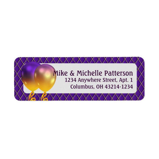 Mardi Gras Party Balloons & Purple Argyle Label (Front)