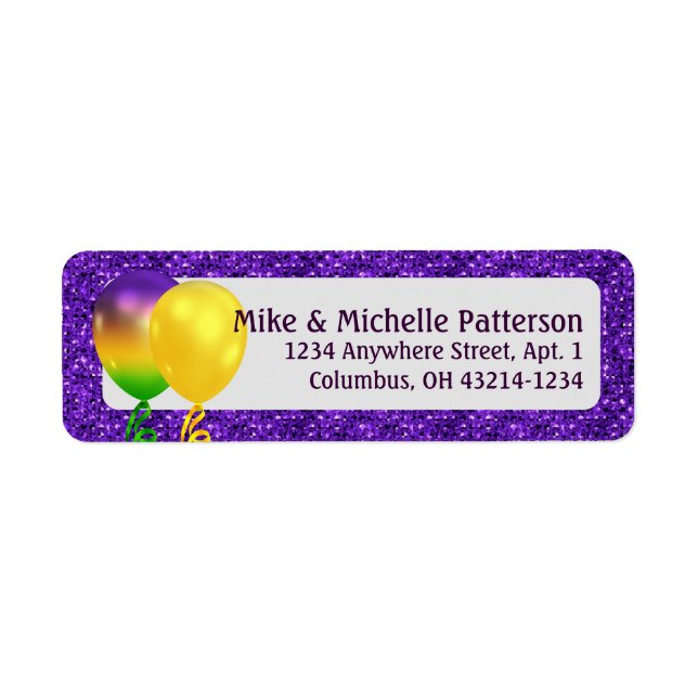 Mardi Gras Party Balloons & Purple Glitter Style Label (Front)
