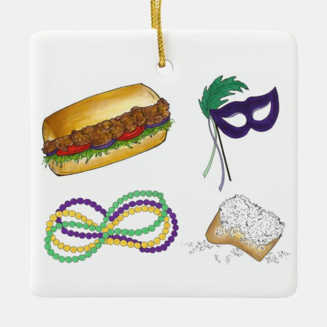 Mardi Gras Party Beads Beignet Po'Boy Mask Ceramic Ornament (Front)