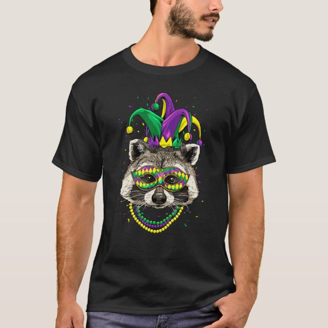 Mardi Gras Party Carnival Jester Raccoon Trash Pan T-Shirt (Front)
