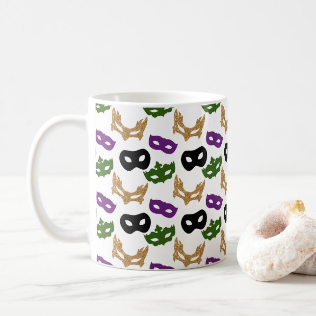Mardi Gras Party Colorful Carnival Masks NOLA Coffee Mug (With Donut)