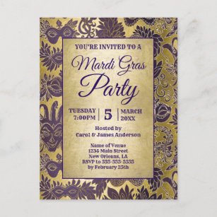 Mardi Gras Party Faux Gold Purple Mask Invitation Postcard