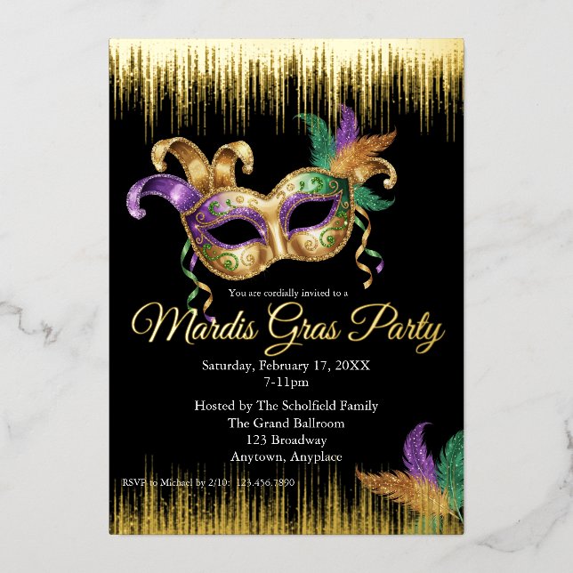 Mardi Gras Party Foil Invitation (Front)