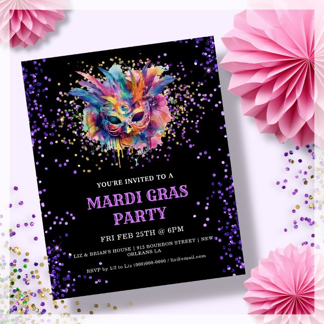 Mardi Gras Party Glitter Invitation (Creator Uploaded)
