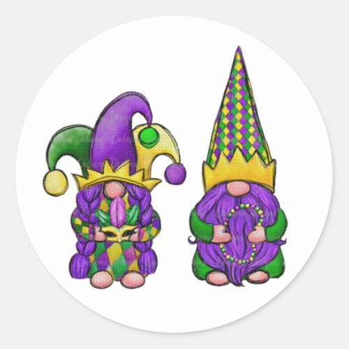 Mardi Gras Party Gnomes Classic Round Sticker