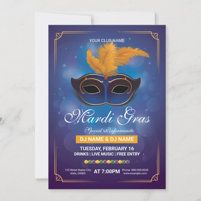 Mardi Gras party Invitation Flyer Template (Front)