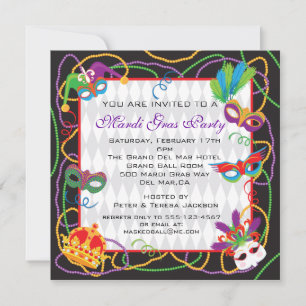 Mardi Gras Party Invitation with Masks and Beads