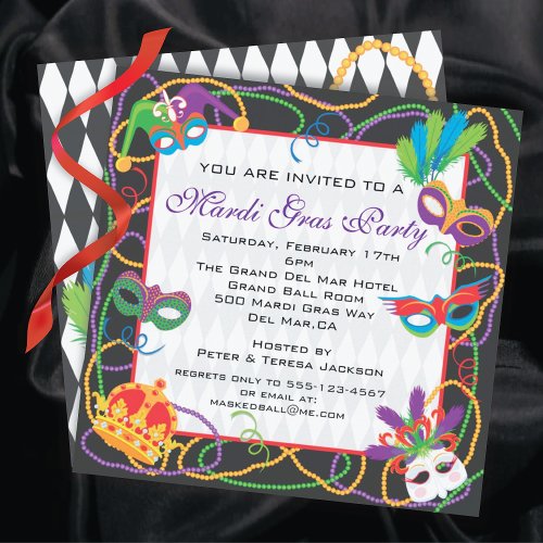 Mardi Gras  Party Invitation with Masks and Beads
