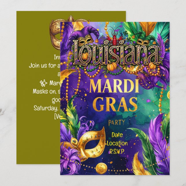Mardi Gras Party – Lousiana Invitation (Front/Back)