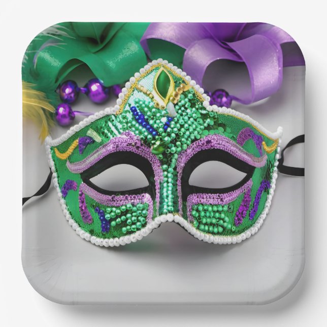 Mardi Gras Party Mask And Beads Paper Plates (Front)