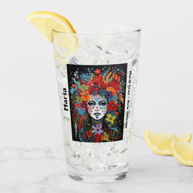 Mardi Gras Party Mask & Headdress Name Party Glass (Front Ice)