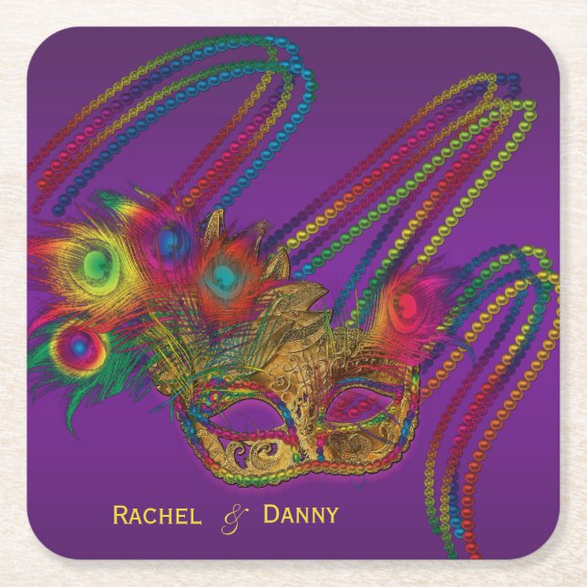 Mardi Gras Party Personalized Drink Coasters (Front)