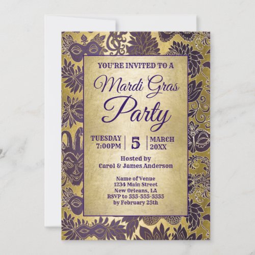 Mardi Gras Party Purple Faux Gold Mask Invitation