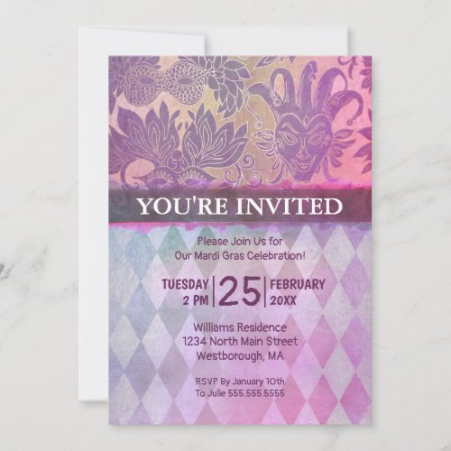 Mardi Gras Party Purple Gold Mask Silver Harlequin Invitation