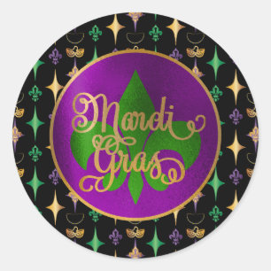 Mardi Gras Pattern with Beads on Black Classic Round Sticker