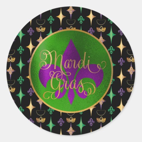 Mardi Gras Pattern with Beads on Black Classic Round Sticker