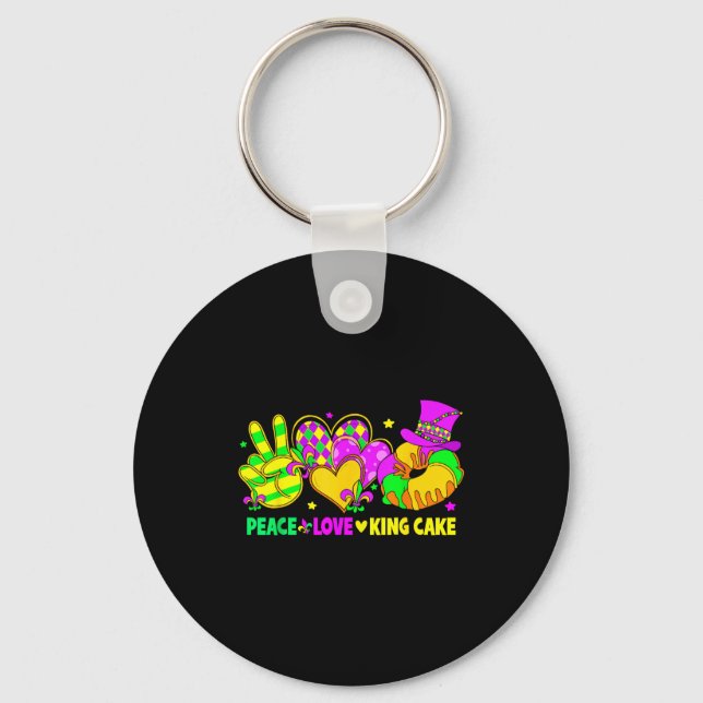 Mardi Gras Peace Love King Cake Funny Party Carniv Keychain (Front)